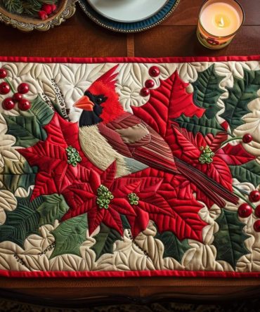 Poinsettia & Cardinal Quilted Placemat — Holiday Christmas Table Mat, Festive Red Floral And Bird Design, Machine Washable Cotton, Gift-Ready