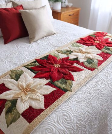 Poinsettia Blooms Quilted Bed Runner – Elegant Christmas Floral Bedding Accent, Decorative Runner For Queen/King Beds, Holiday Home Decor
