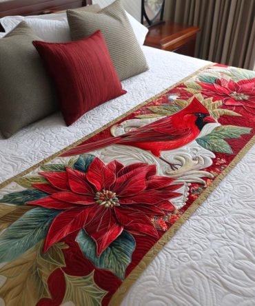 Poinsettia & Cardinal Quilted Bed Runner — Luxe Holiday Floral & Bird Bed Scarf For Christmas Décor, Reversible, Machine-Washable
