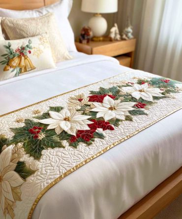 Poinsettia Holiday Quilted Bed Scarf - Red Floral Bed Runner With Classic Christmas Blooms, Reversible & Gift-Ready
