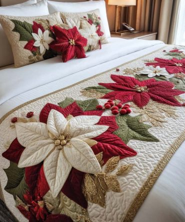 Festive Poinsettia Quilted Bed Runner — Christmas Floral Bed Scarf, Holiday Decor Accent, Reversible & Machine Washable