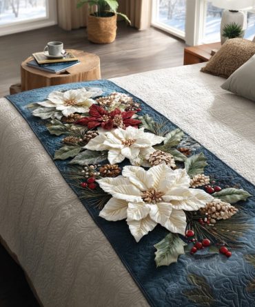 Poinsettia Glow Quilted Bed Runner — Vibrant Holiday Floral Accent, Plush Cotton-Blend, Reversible & Durable For Seasonal Styling