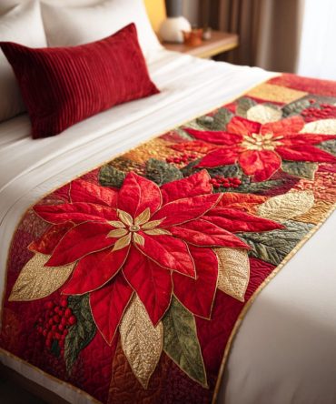 Poinsettia Glow Quilted Bed Runner — Festive Red & Gold Holiday Bed Scarf, Quilted Floral Accent For Christmas Bedroom
