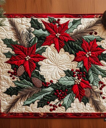 Poinsettia Glow Holiday Quilted Placemat - Festive Christmas Table Mat With Poinsettia Pattern, Elegant Seasonal Dining Decor, Washable