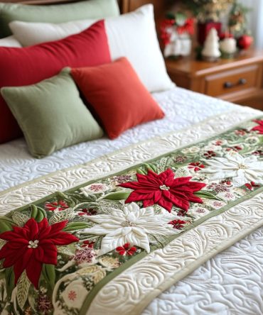 Luxury Poinsettia Quilted Bed Runner For Holiday Décor – Elegant Christmas Bedding Accent, Soft Cotton-Blend, Reversible