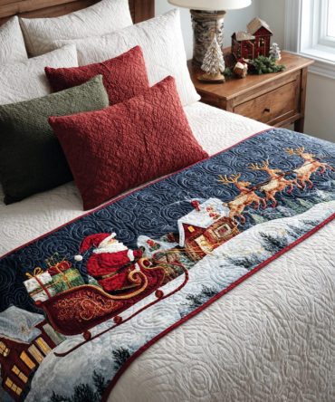 Polar Skids Quilted Bed Scarf - Winter-Themed Runner With Playful Skiers, Plush Lightweight Decorative Bedding Accent