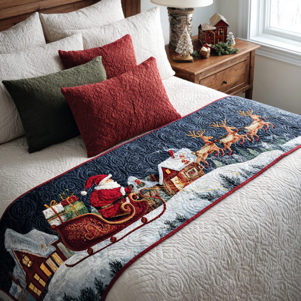 Polar Skids Quilted Bed Scarf - Winter-Themed Runner With Playful Skiers, Plush Lightweight Decorative Bedding Accent
