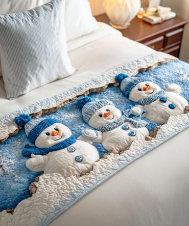 Polar Snowman Joy Quilted Bed Runner - Festive Snowman Holiday Bedding Accent, Family-Friendly Winter Decor, Soft & Machine Washable