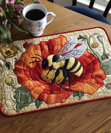 Bright Poppy Field Quilted Placemat with Bee Motif - Colorful Table Decor for Kitchen & Dining, Durable Cotton Blend