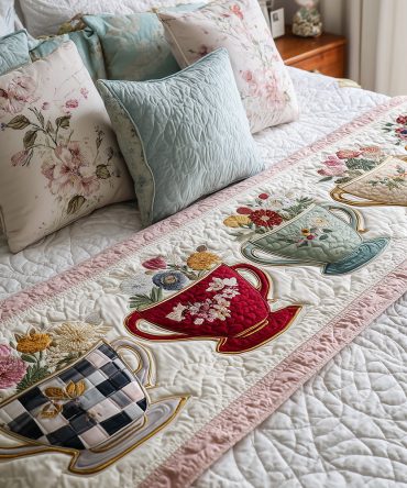 Porcelain Garden Trail Quilted Bed Scarf — Subtle Floral-Print Runner For Calm, Classic Bedrooms, Textured Quilting & Soft Decorative Layer