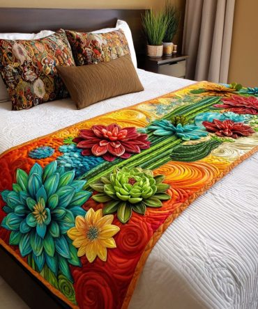 Prairie Bloom Path Quilted Bed Runner - Floral Southwest Accent For Beds & Ottomans , Reversible Cotton, Hand-Quilted Detail