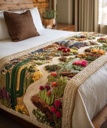Prickly But Sweet Quilted Bed Runner - Charming Cactus & Floral Bed Scarf, Bohemian Southwestern Accent, Soft Cotton Blend
