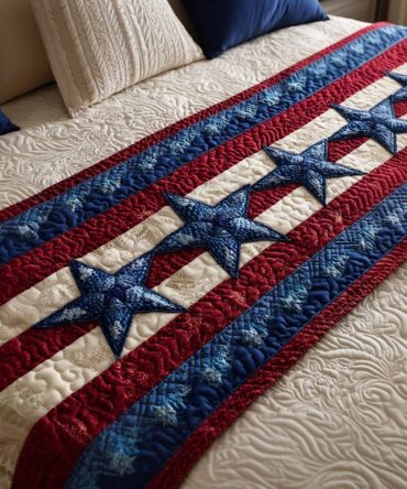 Proud Stars Quilted Bed Accent — Patriotic Star Patchwork Scarf For Beds, Lightweight Quilted Throw For Holiday & Everyday Decor