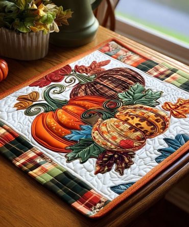 Pumpkin Petals Quilted Placemat V1 - Autumn Floral Pumpkin Table Mat, Cozy Harvest Decor, Durable Cotton Blend & Easy Care