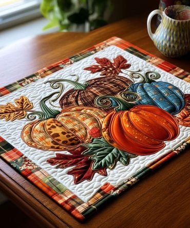 Pumpkin Petals Quilted Placemat V2 - Elegant Fall Table Accent with Autumn Floral Pumpkin Motif, Quilted Cotton, Machine Washable