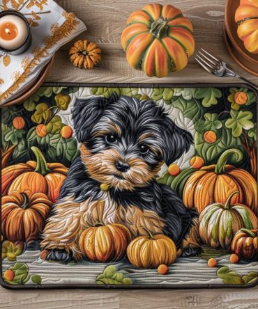 Yorkie Pumpkin Puppy Quilted Placemat - Charming Autumn Dog Mat with Pumpkin Patch Design, Soft Padding, Non-Slip Backing, Gift-Ready