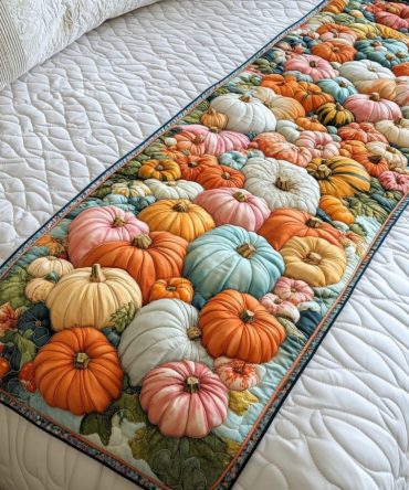 Pumpkin Bliss Quilted Bed Scarf — Cozy Harvest Runner For Foot Of Bed, Reversible Autumn Accent Throw
