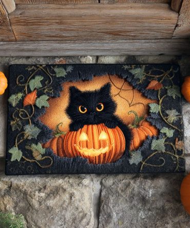 Pumpkin Cat Glow Porch Mat — Festive Halloween Cat Doormat, Outdoor/Indoor Non-Slip Welcome Rug, Seasonal Pet-Themed Decor