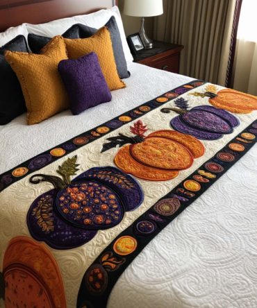 Pumpkin Charm Quilted Bed Runner - Autumn Harvest Bedding Accent, Cozy Quilted Foot Throw For Fall Bedrooms, Thanksgiving Decor