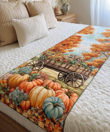 Pumpkin Delight Seasonal Quilted Bed Scarf — Autumn Harvest Runner For Foot Of Bed, Cozy Fall Accent
