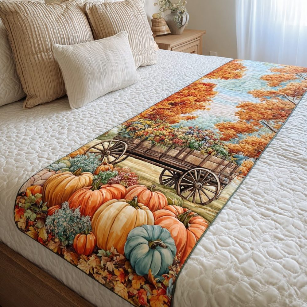 Pumpkin Delight Seasonal Quilted Bed Scarf — Autumn Harvest Runner For Foot Of Bed, Cozy Fall Accent