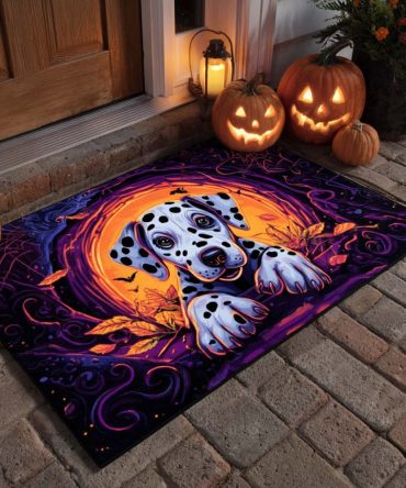 Pumpkin Glow Outdoor Welcome Mat — Dalmatian Spot Halloween Doormat With Weatherproof Surface & Non-Slip Backing For Porches
