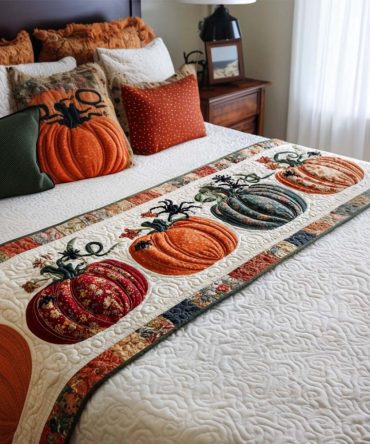 Pumpkin Glow Quilted Bed Runner - Warm Harvest Accent Throw For Bed & Bench , Soft Cotton, Reversible, Easy-Care Design