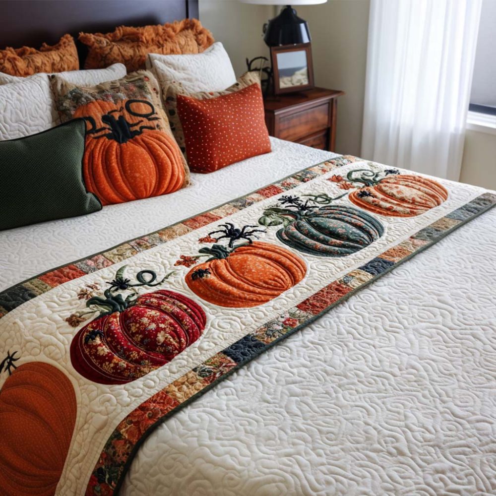 Pumpkin Glow Quilted Bed Runner - Warm Harvest Accent Throw For Bed & Bench , Soft Cotton, Reversible, Easy-Care Design