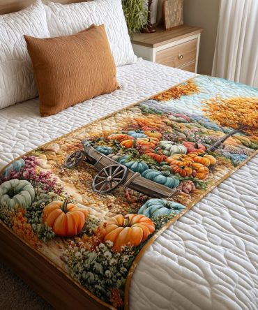 Pumpkin Grove Quilted Bed Scarf — Rustic Fall Accent Runner, Reversible Harvest-Inspired Bed Throw
