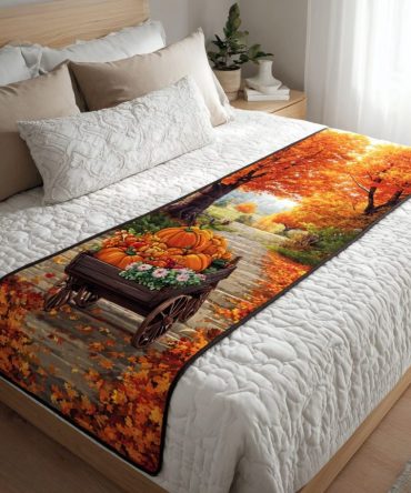 Pumpkin Harvest Quilted Bed Scarf — Warm Autumn Runner For Bed Foot, Reversible Cotton-Blend Throw