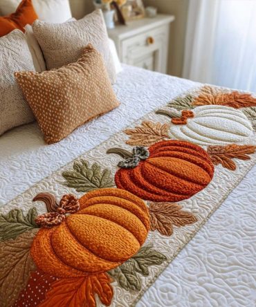 Pumpkin Leaf Charm Quilted Bed Runner — Autumn Harvest Bedding Accent, Rustic Quilted Scarf For Cozy Fall Bedroom Decor & Thanksgiving