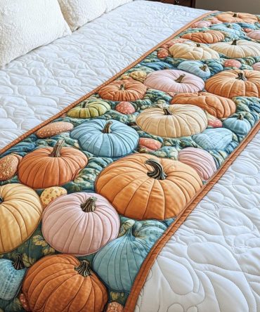 Pumpkin Meadow Quilted Bed Scarf — Soft Fall Accent Runner, Reversible Harvest Bedding Throw For Cozy Rooms
