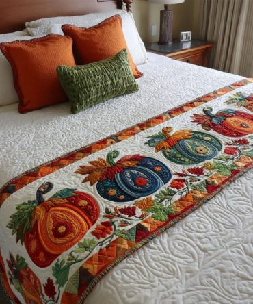Pumpkin Morning Harvest Quilted Bed Runner — Warm Autumn Accent Throw, Cozy Fall Bedding Decor For Seasonal Bedroom Styling