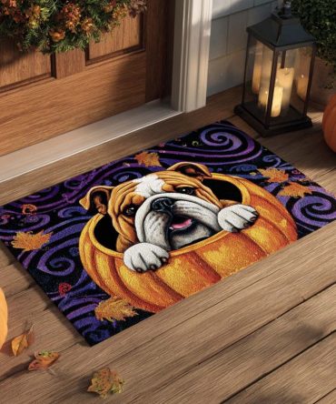 Pumpkin Nest Bulldog Welcome Mat — Fall Pumpkin Front Door Doormat With Bulldog Design, Weather-Resistant Non-Slip Rug For Seasonal Porch Decor