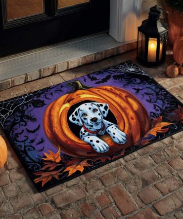Pumpkin Nest Halloween Welcome Mat — Dalmatian Spot Porch Doormat, Heavy-Duty Weatherproof Entry Rug For Fall