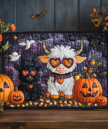 Pumpkin Patch Cow Quilted Placemat — Pumpkin & Cow Halloween Table Decor, Quilted Cotton Placemat for Autumn Entertaining — Machine Washable & Gift-Ready