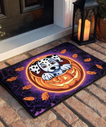 Pumpkin Pup Festive Porch Doormat — Cute Dalmatian Pumpkin Welcome Mat, Durable Outdoor Entry Rug For Halloween & Fall Decor