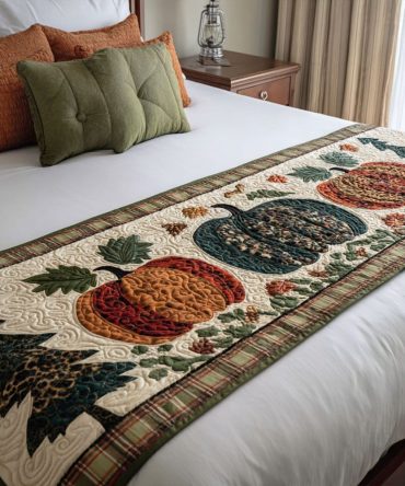 Harvest Pumpkin Trail Quilted Bed Runner — Rustic Fall Bed Scarf For Queen & King Beds, Country Style Accent, Durable & Washable