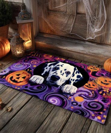 Spinning Pumpkin Halloween Welcome Mat — Dalmatian Swirl Porch Doormat With Durable Weatherproof Coir & Non-Slip Backing