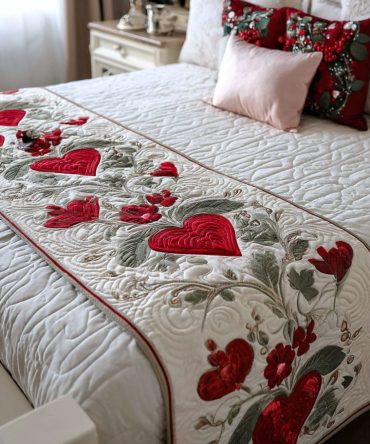 Minimalist Pure-Love Quilted Bed Runner - Clean Heart Motif Decorative Bed Scarf, Reversible Soft Cotton Blend, Simple Chic Accent For Modern Bedrooms