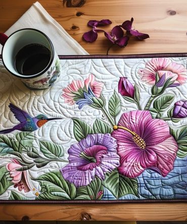 Purple Hummingbird Flowers Quilted Placemat — Vibrant Floral & Bird Table Accent, Soft Quilting, Machine-Washable, Perfect Gift For Garden Lovers