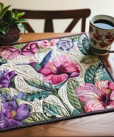 Purple Hummingbird Floral Quilted Placemat — Vibrant Garden Bird Table Mat, Fade-Resistant Cotton, Perfect Gift for Nature Lovers