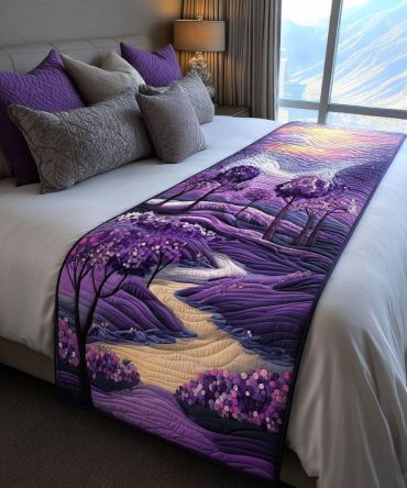 Lavender Meadow Quilted Bed Runner — Floral Purple Cotton Bed Scarf For Queen & King, Soft Bohemian Accent To Refresh Bedroom Decor Instantly