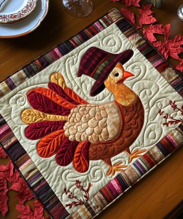 Vibrant Purple Turkey Quilted Placemat — Playful Farmhouse Thanksgiving Accent, Durable Cotton Blend, Heat-Protective & Easy-Care