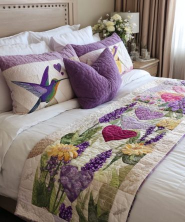 Purple Whispers Quilted Bed Runner - Elegant Lavender Floral Bed Scarf For Queen & King Beds, Soft Decorative Throw