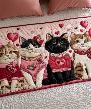 Purrfect Heart Quilted Bed Runner — Charming Cat & Heart Accent, Soft Quilting For Stylish Bedroom Flair, Easy Care