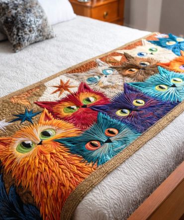 Purring Meadow Quilted Bed Runner — Whimsical Cat-Themed Decorative Throw For Beds, Soft Quilting, Playful Pet Lover Bedroom Accent