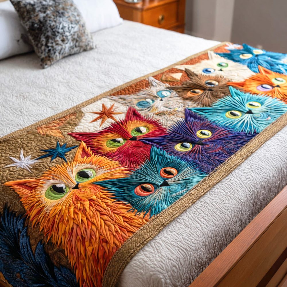 Purring Meadow Quilted Bed Runner — Whimsical Cat-Themed Decorative Throw For Beds, Soft Quilting, Playful Pet Lover Bedroom Accent