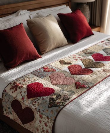 Quiet Love Quilted Bed Scarf — Subtle Heart Motif Decorative Bed Runner For Romantic Bedroom Styling, Soft & Easy Care
