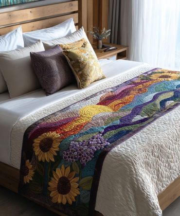 Radiant Sunflower Quilted Bed Runner — Bright Floral Accent Scarf For Cheerful Bedrooms, Lightweight Padded Runner For Queen/King